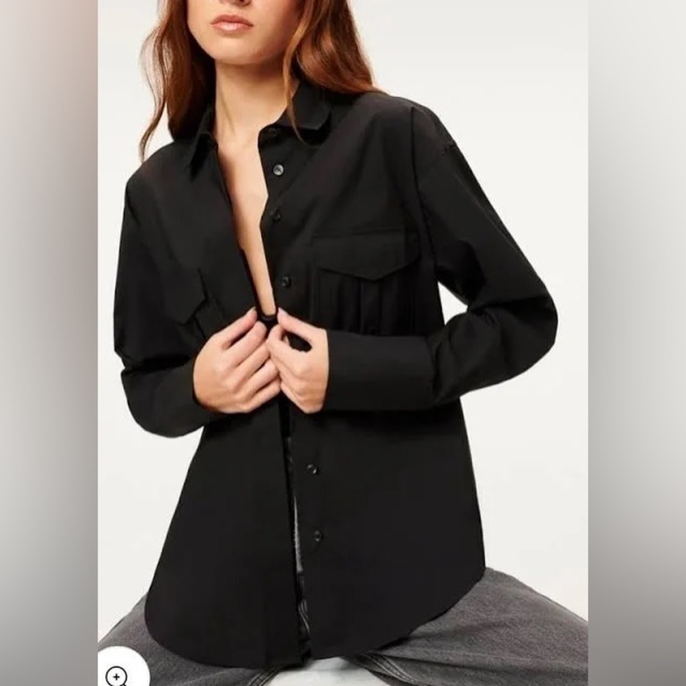Good American Long Sleeve Collared Button Down Black  Oversized Top Size 2
